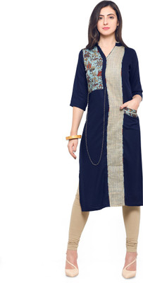SAARA Women Printed, Solid Straight Kurta(Blue, Beige)