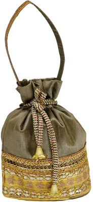 

Bagaholics Ethnic Silk Potli bag Batwa Pouch Clutch with Embroidery and Metal Bead work Gift For Women Potli(Khaki)
