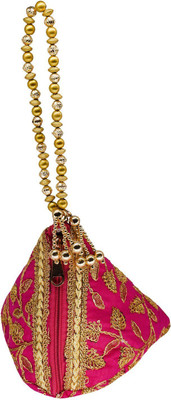 

Bagaholics Ethnic Silk Potli bag Batwa Pouch Clutch with Embroidery and Metal Bead work Gift For Women Potli(Pink)