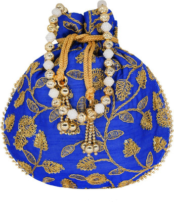 

Bagaholics Ethnic Silk Potli bag Clutch Batwa Pouch with Embroidery and Metal Bead work Gift For Women Potli(Blue)