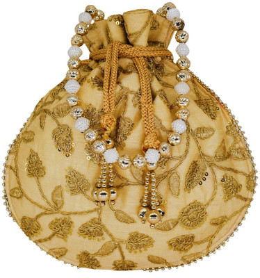 

Bagaholics Ethnic Silk Potli bag Clutch Batwa Pouch with Embroidery and Metal Bead work Gift For Women (Gold) Potli(Gold)
