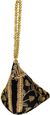 

Bagaholics Ethnic Silk Potli bag Batwa Pouch Clutch with Embroidery and Metal Bead work Gift For Women Potli(Black)