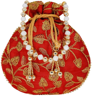 

Bagaholics Ethnic Silk Potli bag Clutch Batwa Pouch with Embroidery and Metal Bead work Gift For Women Potli(Red)