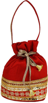 

Bagaholics Ethnic Silk Potli bag Batwa Pouch Clutch with Embroidery and Metal Bead work Gift For Women Potli(Red)