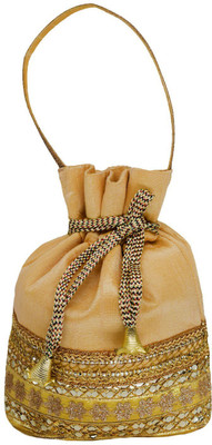 

Bagaholics Ethnic Silk Potli bag Batwa Pouch Clutch with Embroidery and Metal Bead work Gift For Women Potli(Gold)