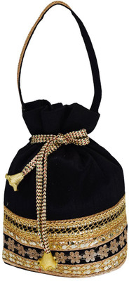 

Bagaholics Ethnic Silk Potli bag Batwa Pouch Clutch with Embroidery and Metal Bead work Gift For Women Potli(Black)