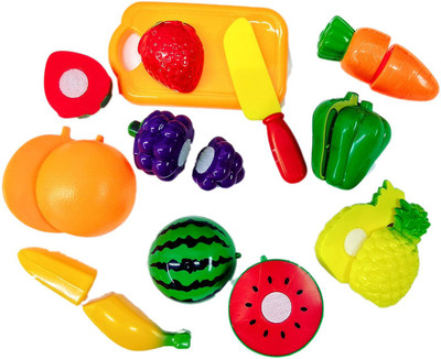 

Emob 14 Pcs Realistic Velcro Sliceable Vegetables and Fruits Cutting Kitchen Playset Toy with Chopping Board and Knife