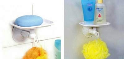 

N-STORE 2 pcsMultipurpose Super Suction Cup Plastic Soap Dish Holder With Towel Hanging Hook For Kitchen Bathroom(White)