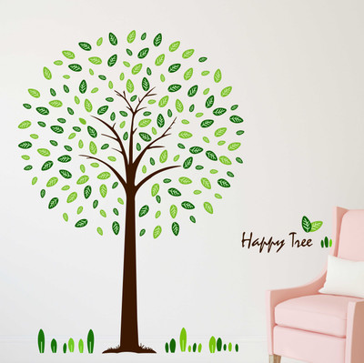 HAPPYSTICKY 120 cm Green Tree Removable Sticker(Pack of 1)