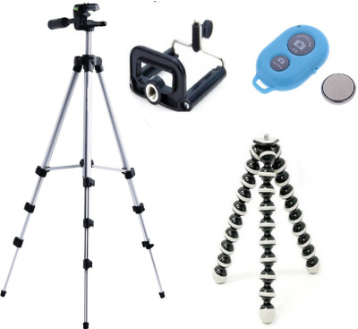 

ReTrack 3Way Head Adjustable-Tripod+Flexiable Mobile With Bluetooth Shutter Tripod(Silver, Supports Up to 1000 g)