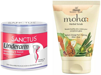

SANCTUS Underarm Whitening & Sweat Reduction Cream & MOHA Herbal Scrub Combo (100g + 100g)(Set of 2)