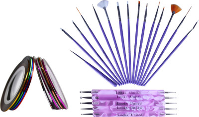 

Looks United 15 Nail Art Brushes, 5 Dotting Tools, 11 Striping Tape Rolls (Pack of 31)(Purple)