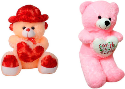 

ATTRACTIVE 1.5 FEET STANDING TEDDY BEAR WITH 1 FEET SMALL CAP TEDDY BEAR - 45 cm(PINK & CREAM)