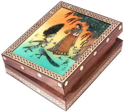 

HANDICRAFTS PARADISE Jewellery box / Trinket box / Storage box out of Gemstones and shisham wood Ragini with Peacock design Jewellery Vanity Box(Multicolor)