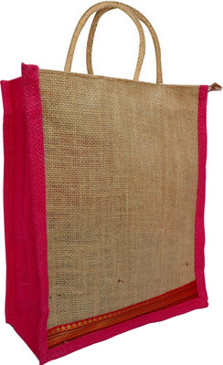 

styles creation Designer Jute Lunch Bag/ Insulated Hot Case Handbag HNDBG100 Waterproof Lunch Bag(Pink, Beige, 12 inch)