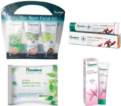 

Himalaya Purifying Skin Neem Facial Kit, Pimple Cream, Purifying Neem Facial Wipes, Natural Glow Fairness Cream(Set of 4)