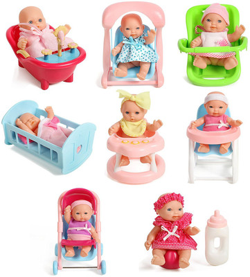 

Pepperonz Set Of 8 Assorted 5" Mini Dolls, High Chair, Stroller, Crib, Bath, Potty, Swing , Car Seat(Multicolor)