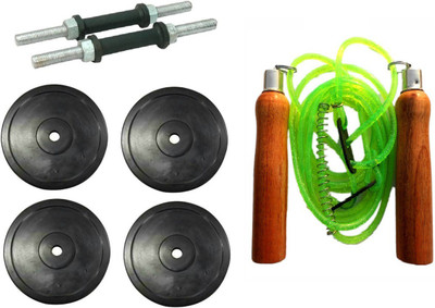 

Facto Power Pair of Nickle Dumbell Rods, 4 Weight Plates (2 Kg. x 4 = 8 Kg) and Wooden Handle Green Color Skipping Rope Gym & Fitness Kit