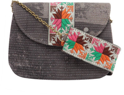 

TARUSA Women Evening/Party Grey Cotton Sling Bag