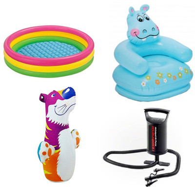 

DINAARKAN COMBO OF 3 FEET BATH TUB AND 2.5 FEET INFLATABLE HIPPO CHAIR AND 3 FEET INFLATABLE HIT ME TIGER WITH AIR PUMP Inflatable Pool(Multicolor)