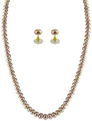 KNK JEWELLERY Gorgeous Single Line Peach Button Pearl Set By KNK Jewellery Mother of Pearl Rhodium Plated Alloy Necklace Set available at flipkart for Rs.1200