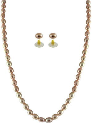 KNK JEWELLERY Gorgeous Single Line Oval Peach Pearl Set By KNK Jewellery Mother of Pearl Rhodium Plated Alloy Necklace Set available at flipkart for Rs.1150