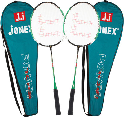 

JJ Jonex Power 108 badminton racquets pair Green with cover @ Kin Store Green Strung Badminton Racquet(G4 - 3.25 Inches, 99 g)