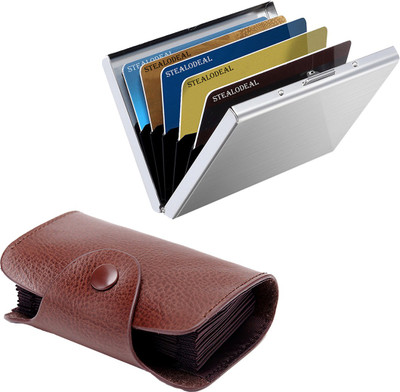 

Stealodeal New Brown Leatherite High Quality Wallet With Silver Water Resistant Metal 15 Card Holder(Set of 2, Brown, Silver)