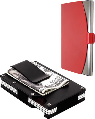 Stealodeal Black Metal Wallet Money Clip With Red Steel 15 Card Holder(Set of 2, Black, Red)