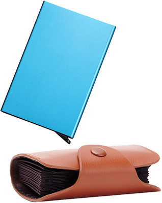 

Stealodeal New Brown Leatherite High Quality Wallet With Blue Automatic Pop-Up Button 15 Card Holder(Set of 2, Brown, Blue)