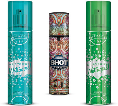 

Layer Body Spray Combo(Wottagirl Fantasy + Shot Maxx(Rage) + Wottagirl Evergreen) Body Spray - For Men & Women(395 ml, Pack of 3)