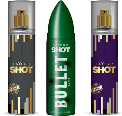 

Layer Body Spray Combo(Shot (Iconic) +Bullet(Burst)+Shot (Dynamic)) Body Spray - For Men(395 ml, Pack of 3)