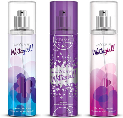 

Layer Body Spray Combo(WottaGirl(MysticIsland) +WottaGirl(Heaven)+ WottaGirl(Secret Crush)) Body Spray - For Women(405 ml, Pack of 3)