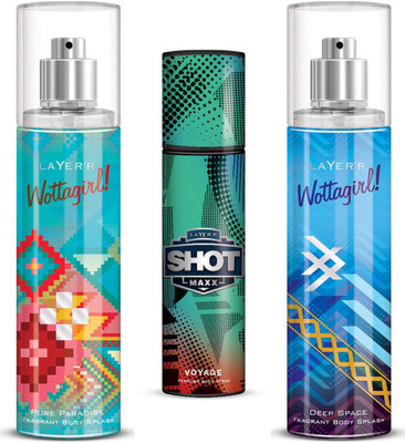 

Layer Body Spray Combo(WottaGirl(Pure Paradise) +Shot Maxx(Voyage)+ WottaGirl(Deep Space)) Body Spray - For Men & Women(395 ml, Pack of 3)