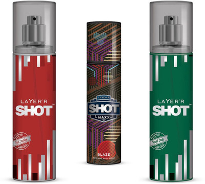 

Layer Body Spray Combo(Shot Red Stallion +Maxx (Blaze) + Shot Royal Jade) Body Spray - For Men(395 ml, Pack of 3)