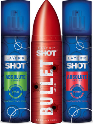 

Layer Body Spray Combo(Shot Absolute(Craze) +Bullet(Ammo)+Shot Absolute(Power)) Body Spray - For Men(395 ml, Pack of 3)