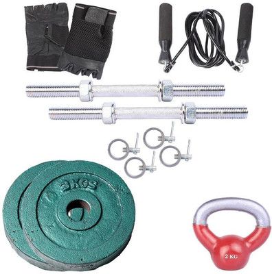 

Royal 3Kg 2Pc Casting Plates 27 MM with 2Kg 1Pc Kettle Bell with 2 Silver 14 Inch Handle With Lock Skipping Ropes & Hand Gloves Home Gym Combo(0 - 20 kg)