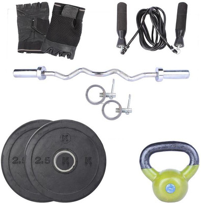 

Royal 2.5Kg 2Pc Rubber Plates 55 MM with 4Kg 1Pc Kettle Bell with 1 Silver 3 Ft Zig Zag Olympic Rod With Lock Skipping Ropes & Hand Gloves Home Gym Combo(0 - 20 kg)