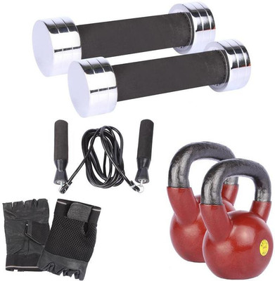 Royal 1 Kg 2 Pc Chrome Dumbell with 6 Kg 2 Pc Kettle Bell Skipping Rops & Hand Gloves Gym & Fitness Kit