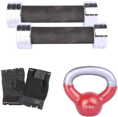 

Royal 1 Kg 2 Pc Chrome Dumbell with 2 Kg 1 Pc Kettle Bell Hand Gloves Gym & Fitness Kit