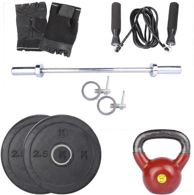 

Royal 2.5Kg 2Pc Rubber Plates 55 MM with 6Kg 1Pc Kettle Bell with 1 Silver 3 Ft Straight Olympic Rod With Lock Skipping Ropes & Hand Gloves Home Gym Combo(0 - 20 kg)