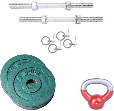 

Royal 3Kg 2Pc Casting Plates 27 MM with 2Kg 1Pc Kettle Bell with 2 Silver 14 Inch Handle With Lock Home Gym Combo(0 - 20 kg)