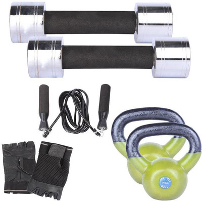 

Royal 2 Kg 2 Pc Chrome Dumbell with 4 Kg 2 Pc Kettle Bell Skipping Rops & Hand Gloves Gym & Fitness Kit