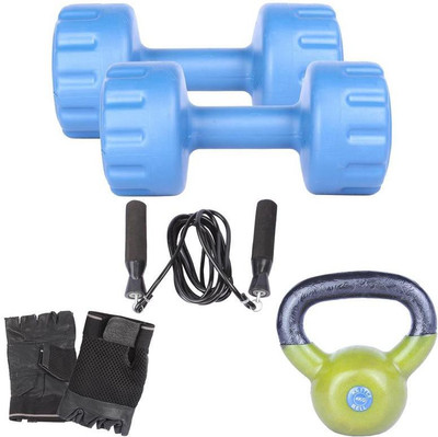 Royal 3 Kg 2 Pc PVC Dumbell with 4 Kg 1 Pc Kettle Bell Skipping Rops & Hand Gloves Gym & Fitness Kit