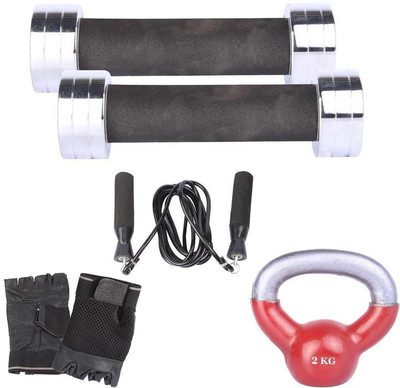 

Royal 1 Kg 2 Pc Chrome Dumbell with 2 Kg 1 Pc Kettle Bell Skipping Rops & Hand Gloves Gym & Fitness Kit