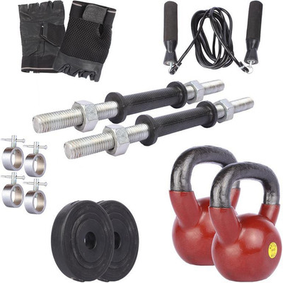 

Royal 1 Kg 2 Pc PVC Plates 27 MM with 6 Kg 2 Pc Kettle Bell with 2 Black Handle with Lock Skipping Rops & Hand Gloves Home Gym Combo(0 - 20 kg)