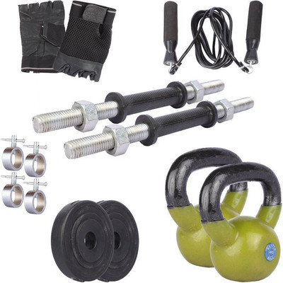 

Royal 1 Kg 2 Pc PVC Plates 27 MM with 4 Kg 2 Pc Kettle Bell with 2 Black Handle with Lock Skipping Rops & Hand Gloves Home Gym Combo(0 - 20 kg)