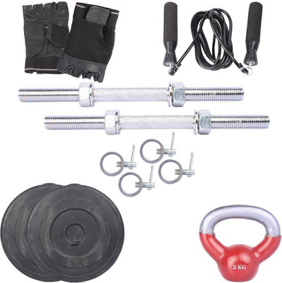

Royal 2Kg 2Pc Rubber Plates 27 MM with 2Kg 1Pc Kettle Bell with 2 Silver 14 Inch Handle With Lock Skipping Ropes & Hand Gloves Home Gym Combo(0 - 20 kg)