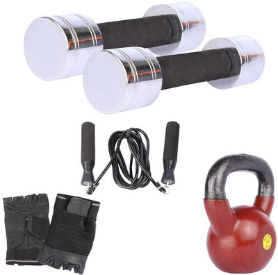 

Royal 2 Kg 2 Pc Chrome Dumbell with 6 Kg 1 Pc Kettle Bell Skipping Rops & Hand Gloves Gym & Fitness Kit