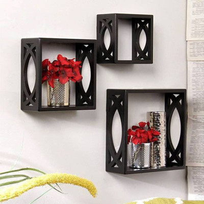 OnlinePurchas wooden square wall shelf Wooden Wall Shelf(Number of Shelves - 3, Black)
